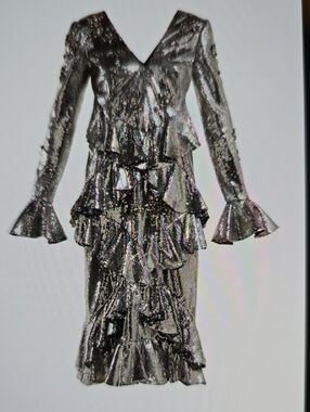 ERDEM Metallic Silver Ruffle Midi Dress